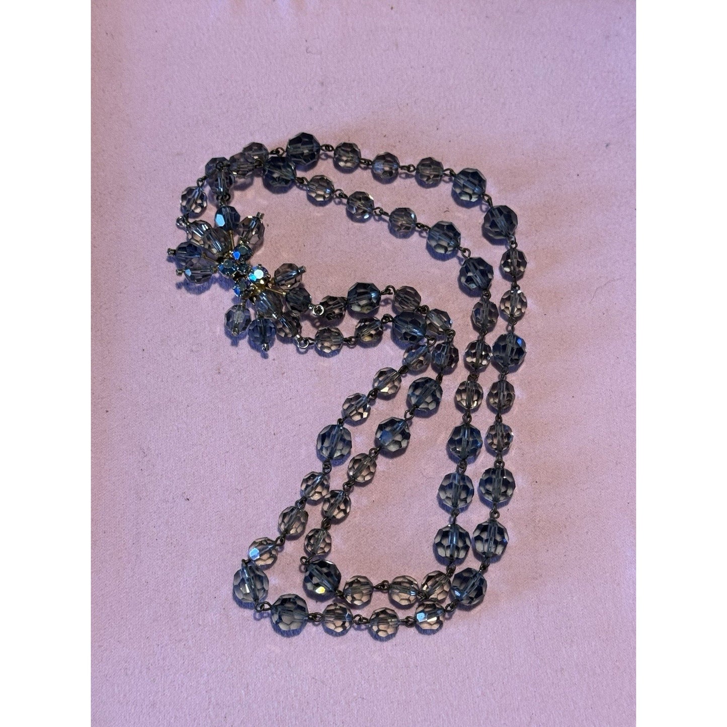 Vintage Austrian Crystal Bead Necklace Signed Gray Blue Faceted Beads 16”