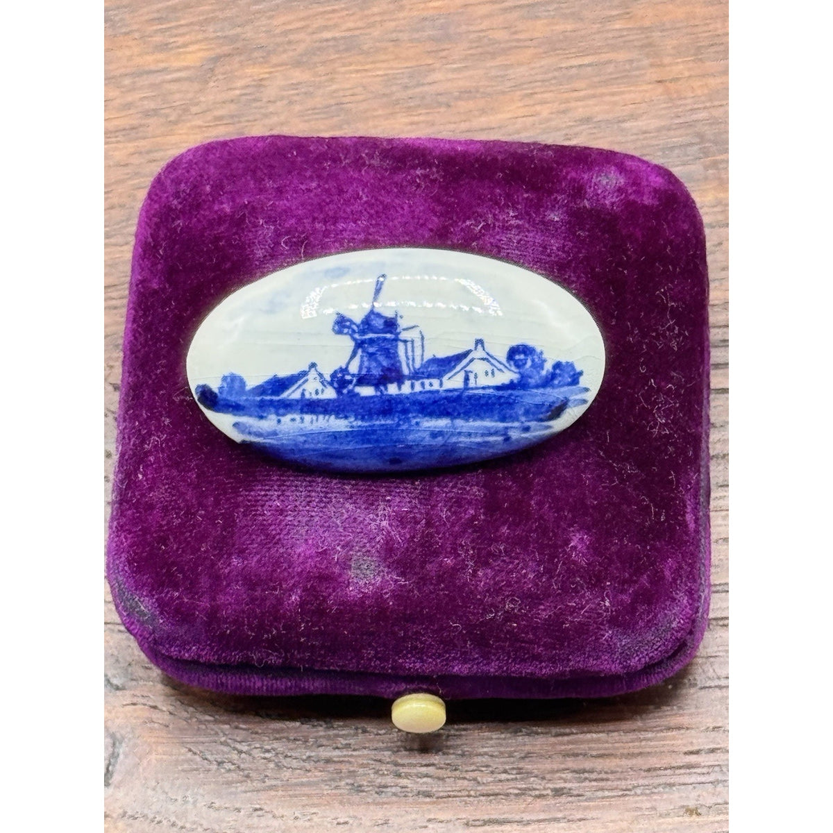 Vintage Brooch Delft Style Porcelain Windmill Landscape Holland 1.5” x .75”