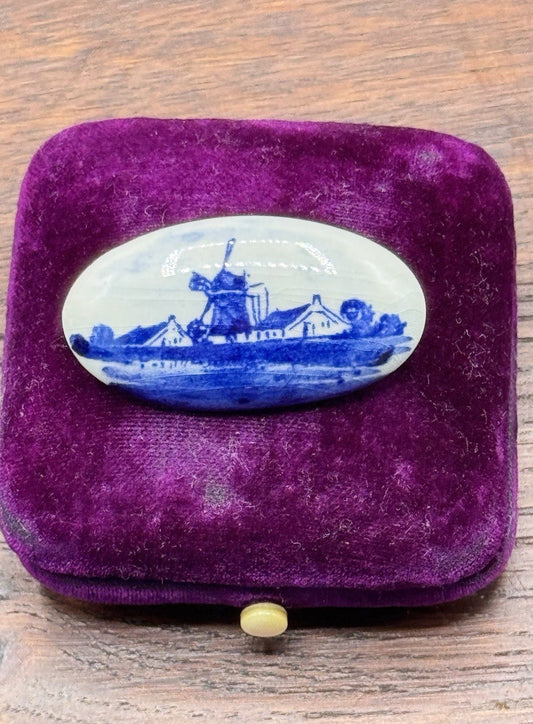 Vintage Brooch Delft Style Porcelain Windmill Landscape Holland 1.5” x .75”