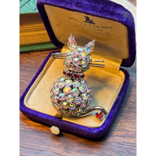 Vintage WARNER Cat Brooch AB Rhinestone Red Eyes Silvertone Figural 1.75'