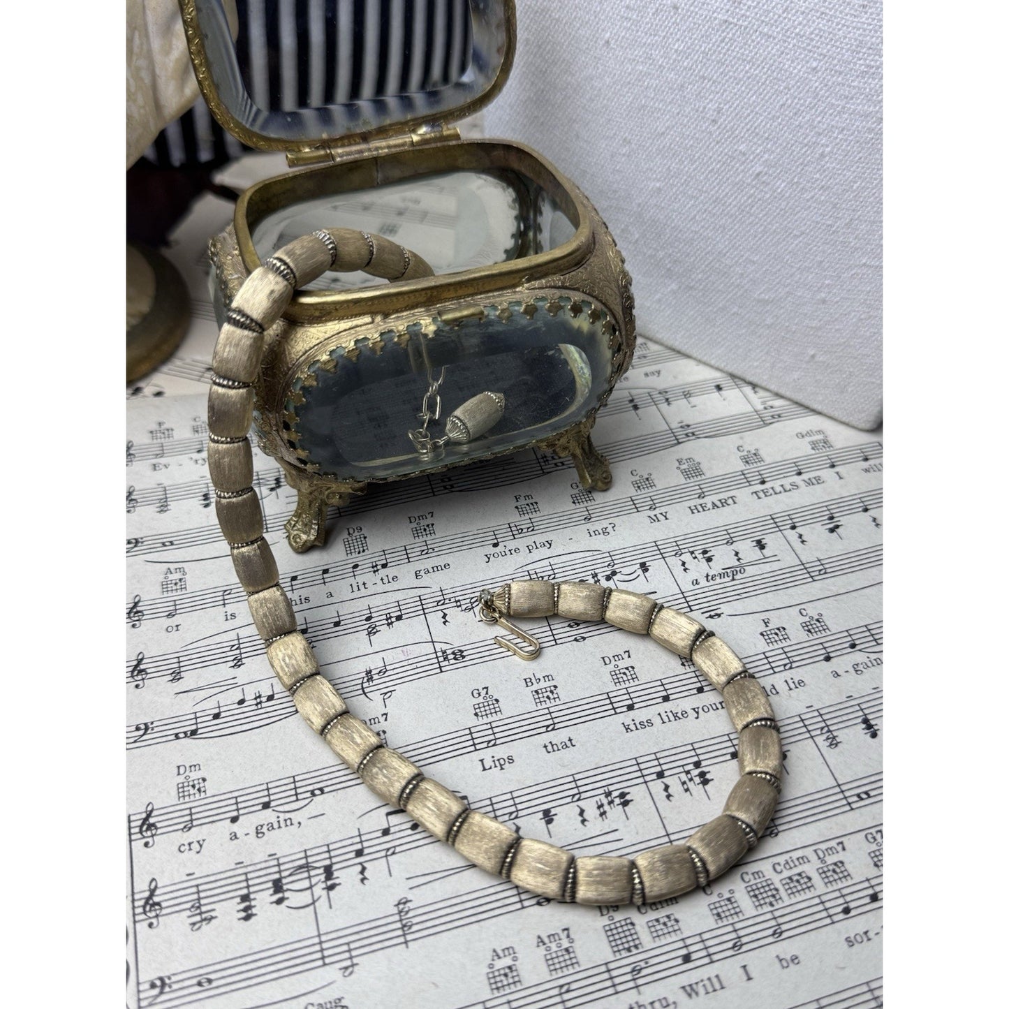Vintage Trifari Goldtone Beaded Choker Necklace Brushed Finish 15.5” Signed
