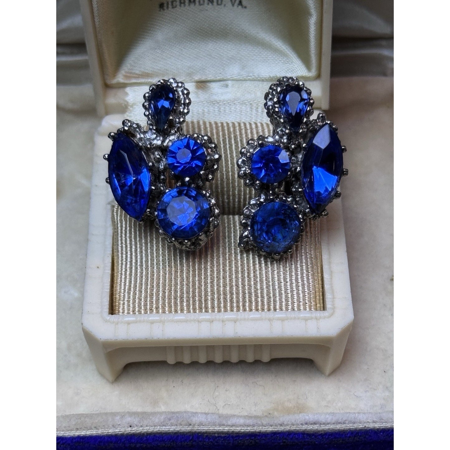Vintage Cobalt Blue Rhinestone Clip On Earrings Silvertone