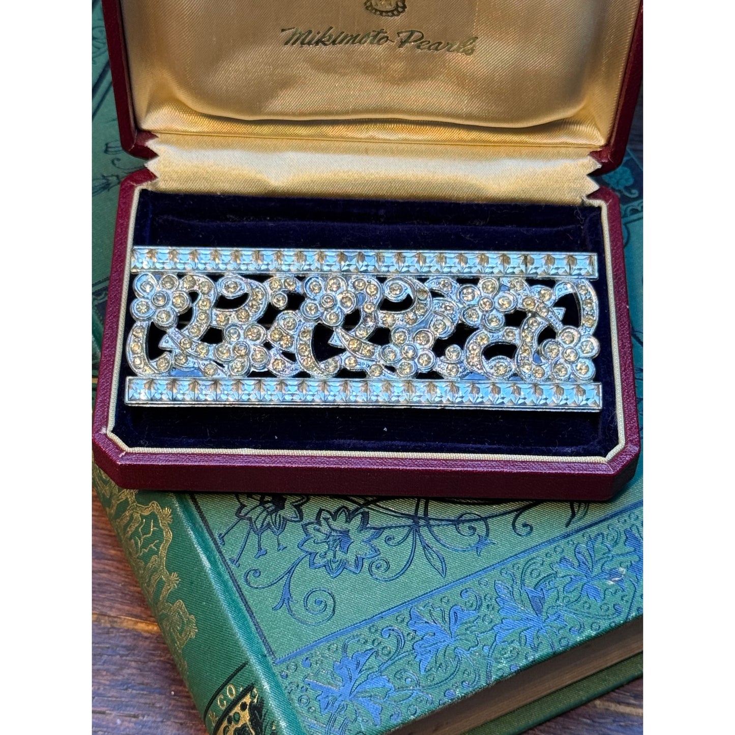 Vintage Blue Rhinestone Brooch Floral Ribbon Bow Statement