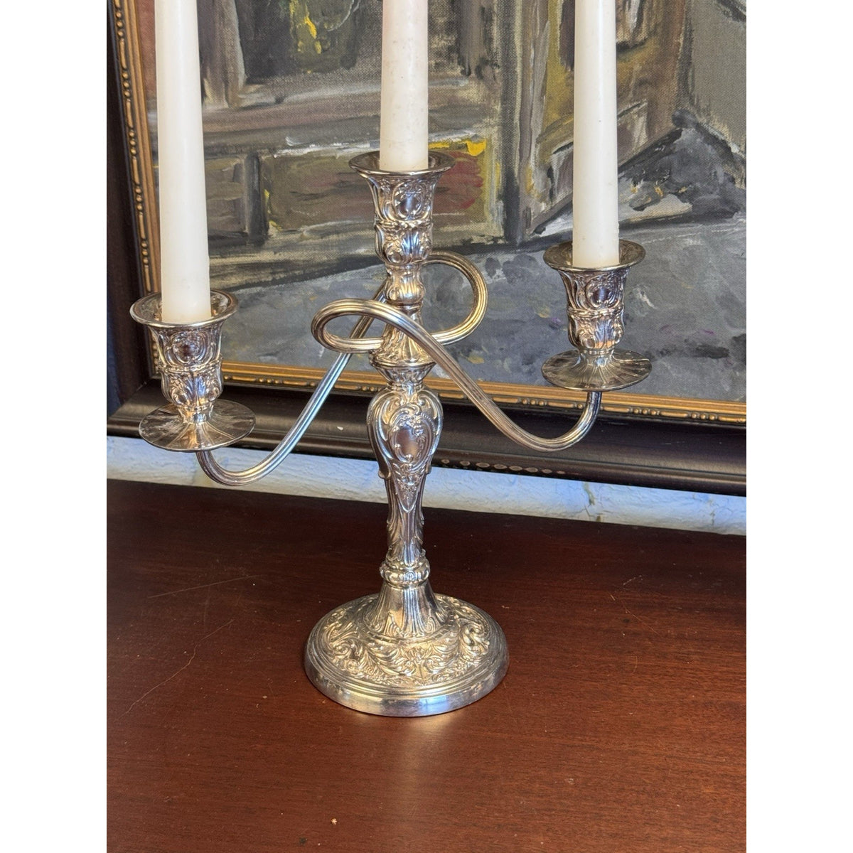 Candelabra Pair Silverplate WM Rogers 3 Light Ornate Floral Scroll Vintage 10”