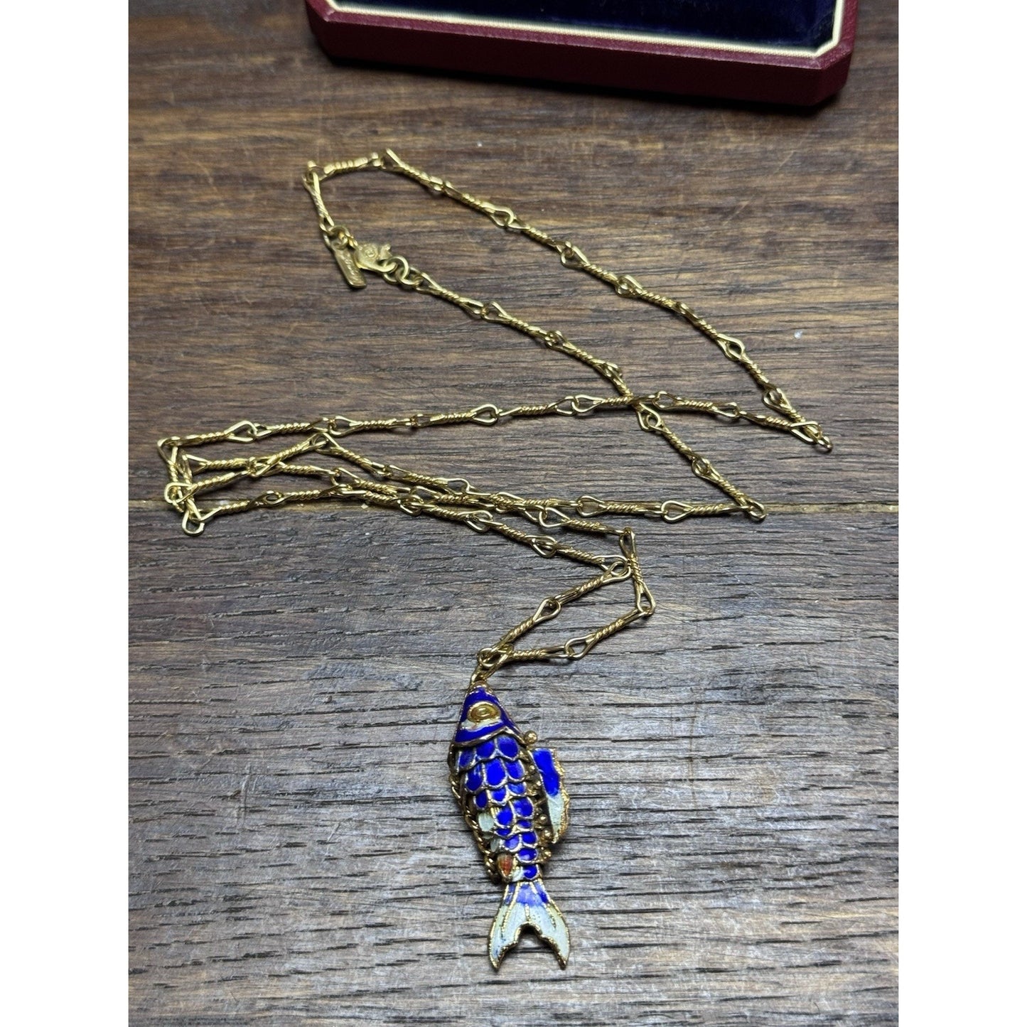 Articulated Koi Fish Pendant Necklace Blue Enamel Goldtone 28” Monet Chain