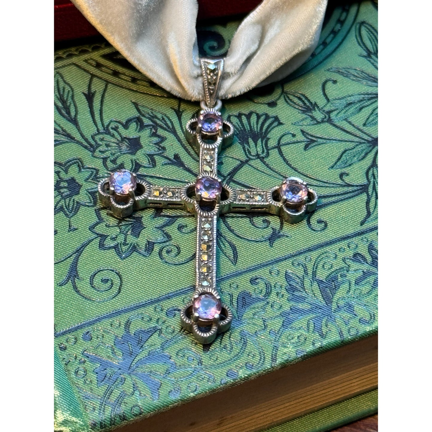 Antique Style Cross Pendant Marcasite Purple Glass Rhinestone Silver Tone 2"