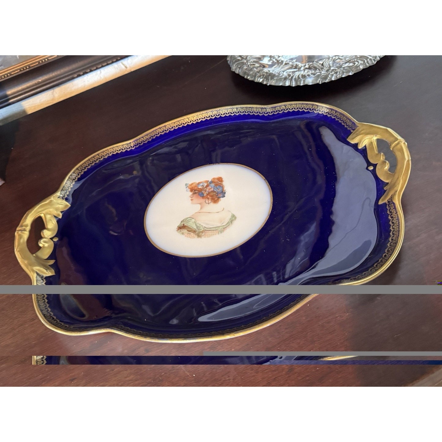 Limoges France Vanity Tray Guerin Cobalt Blue Gold Portrait Porcelain 17.75”