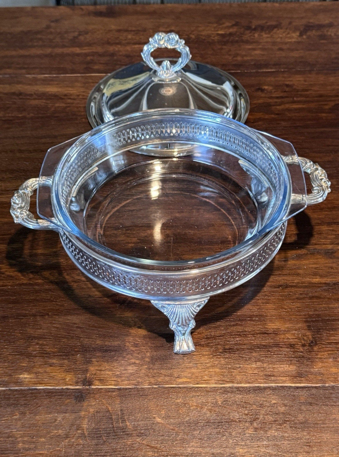 Silverplate Covered Serving Dish Marinex Glass Insert Footed