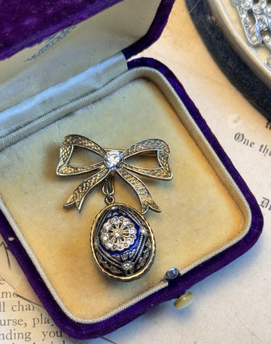 Egg Pendant 925 Russian Style Blue Enamel Rhinestone Bow Brooch