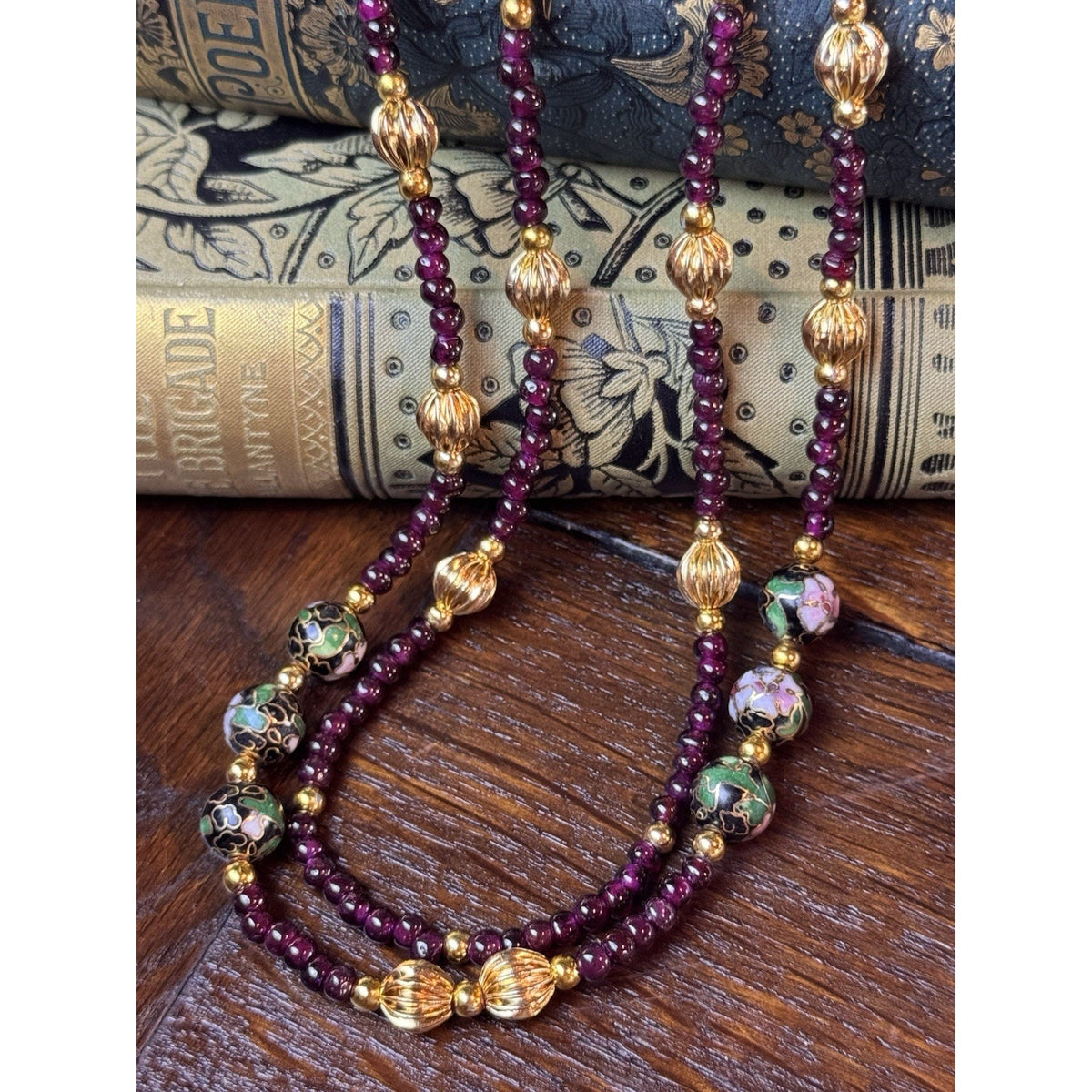 Garnet Double Strand Necklace 19” Floral Cloisonné Goldtone Beads Newly Restrung
