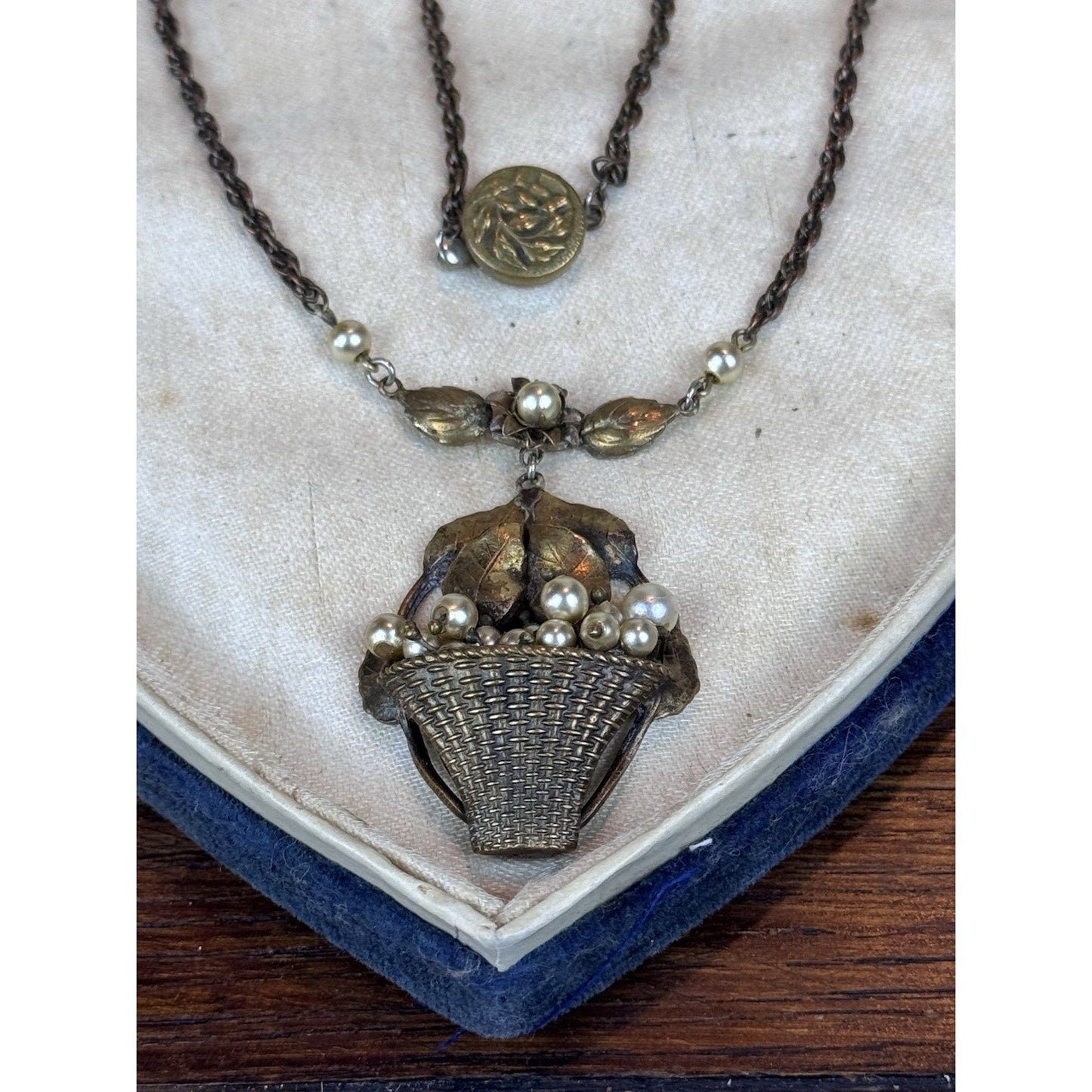 Vintage Floral Basket Necklace Brass Tone Faux Pearl Pendant 16.5” Romantic