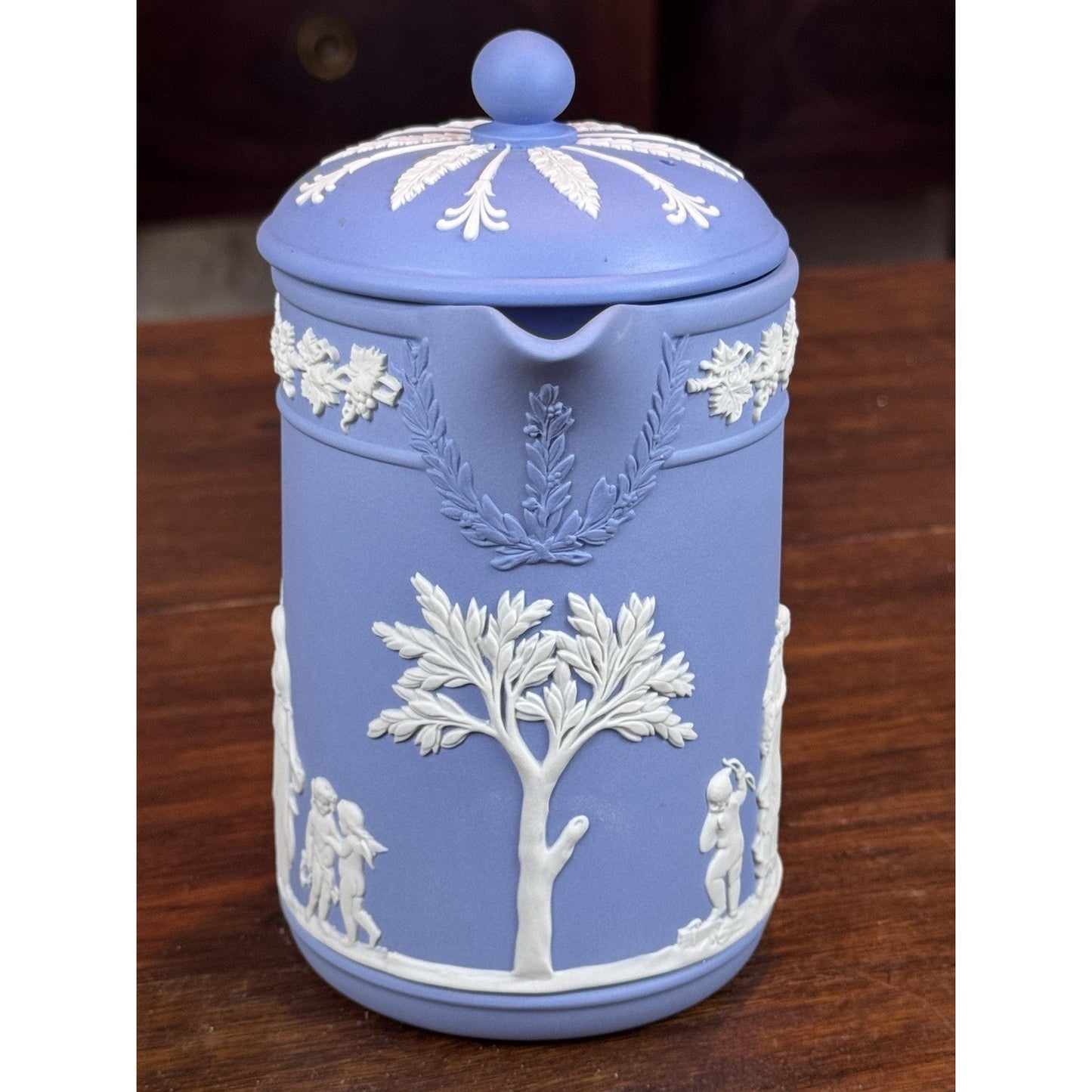 Vintage Wedgwood Jasperware Blue Dip Lidded Pitcher 6.5”