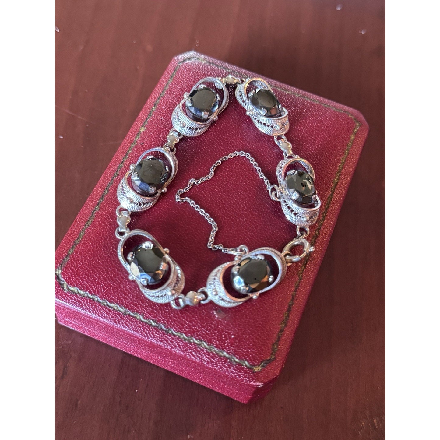 VINTAGE Bracelet Sterling Silver “Hematite” Filigree Link Vintage 7.75”