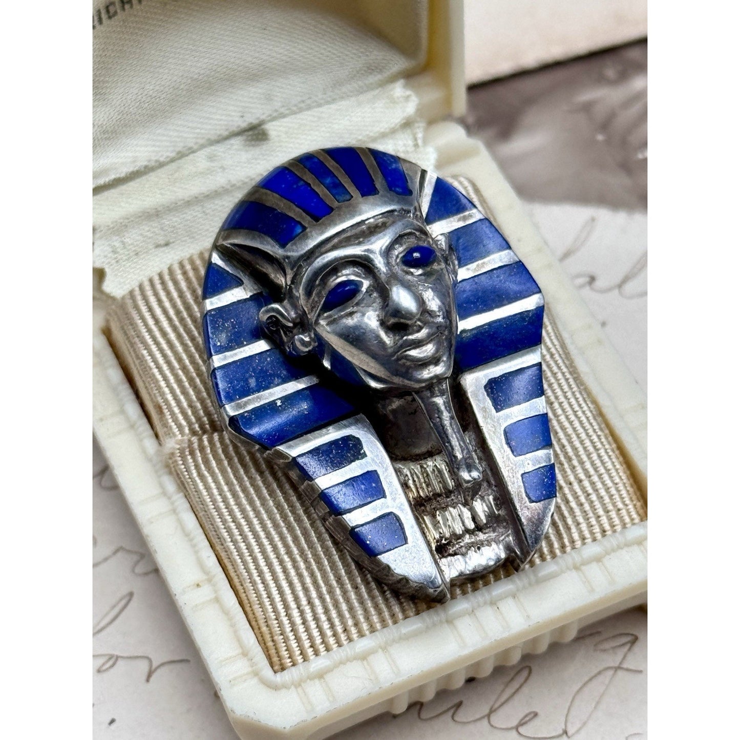 King Tut Pendant Lapis Lazuli Vintage Plata 980 Silver Egyptian Revival 1.5”