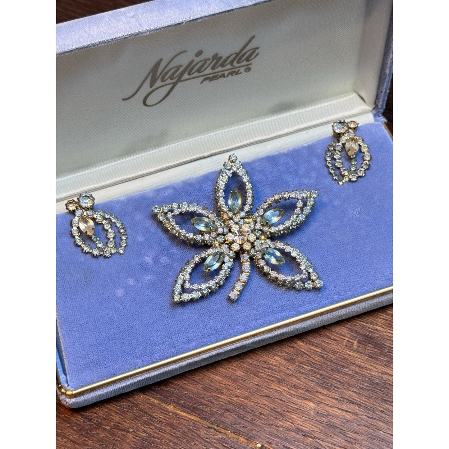 Vintage Rhinestone Brooch & Earring Set Blue Rhinestones Openwork Floral Design