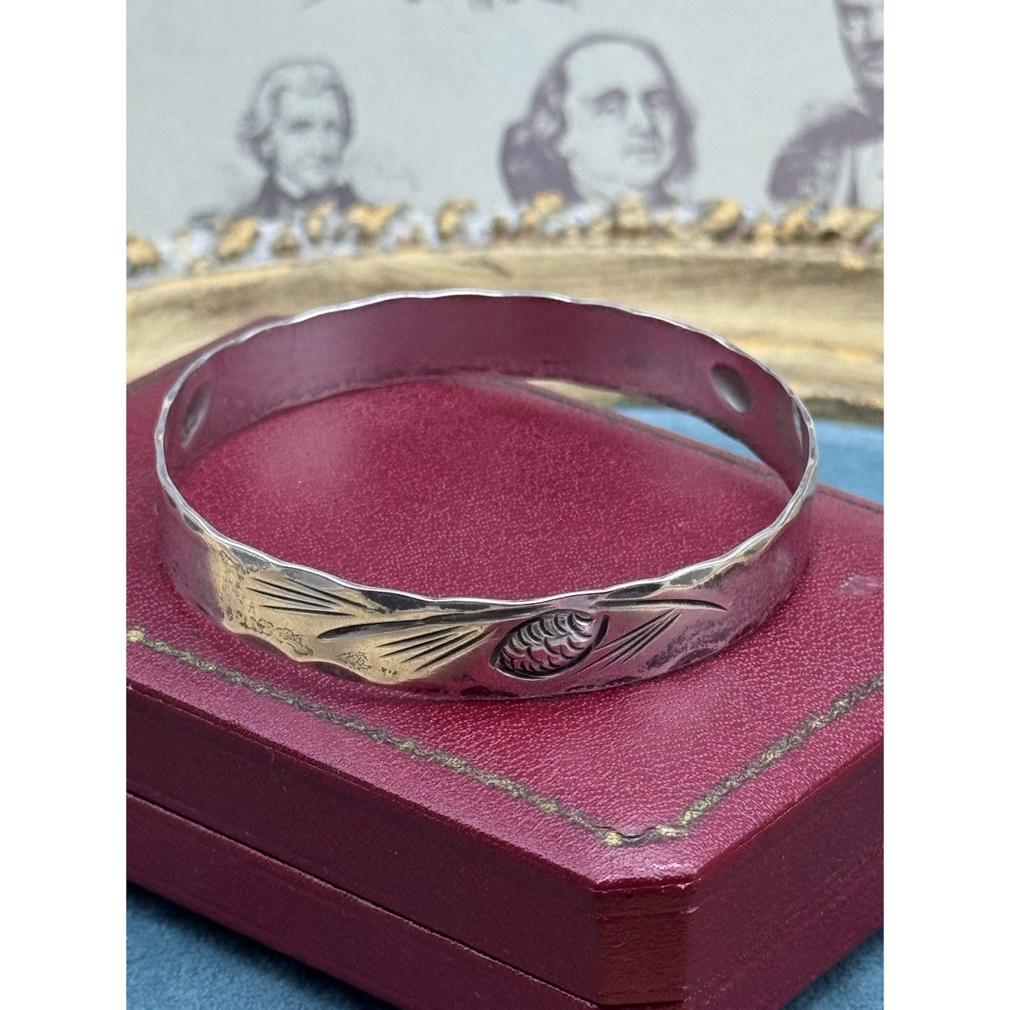 NYE Sterling Bangle Bracelet Pinecone Engraved 7.75” VINTAGE