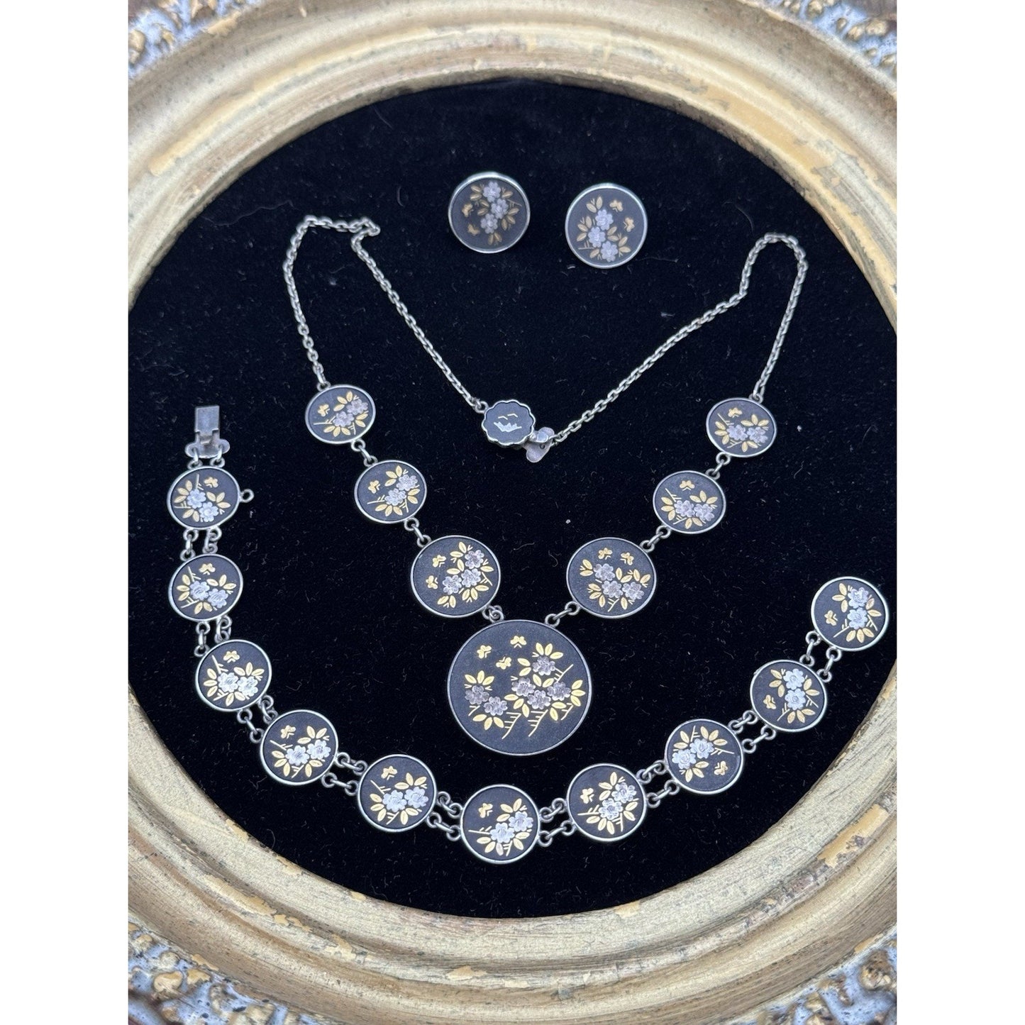Japanese Damascene Necklace Set Silver Bracelet Earrings Floral Vintage
