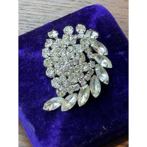 Vintage Brooch Clear Rhinestone Spray Silvertone 2.5” x 1.75”