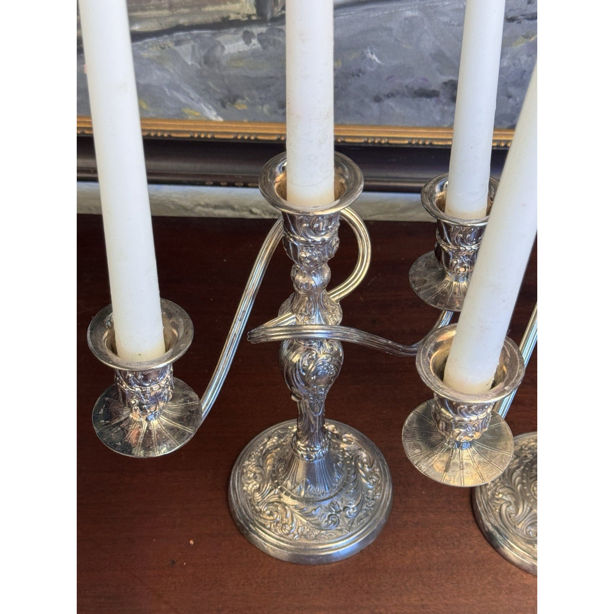 Candelabra Pair Silverplate WM Rogers 3 Light Ornate Floral Scroll Vintage 10”