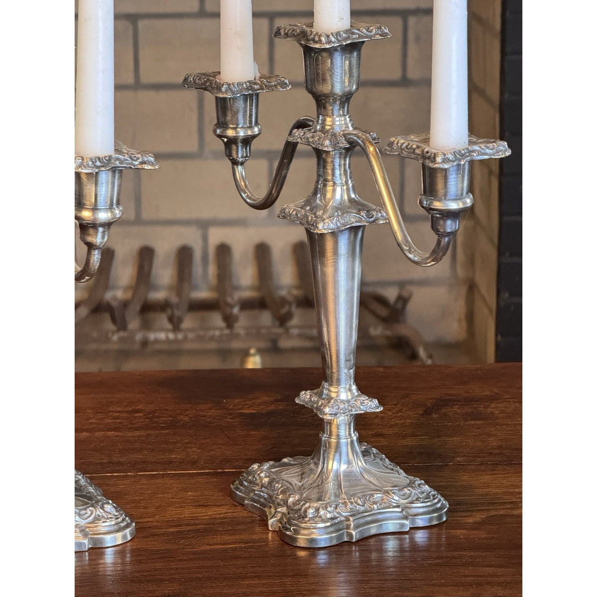 Silverplate Candelabra Pair Antique Repoussé 3-Light Ornate 12”h DENTS