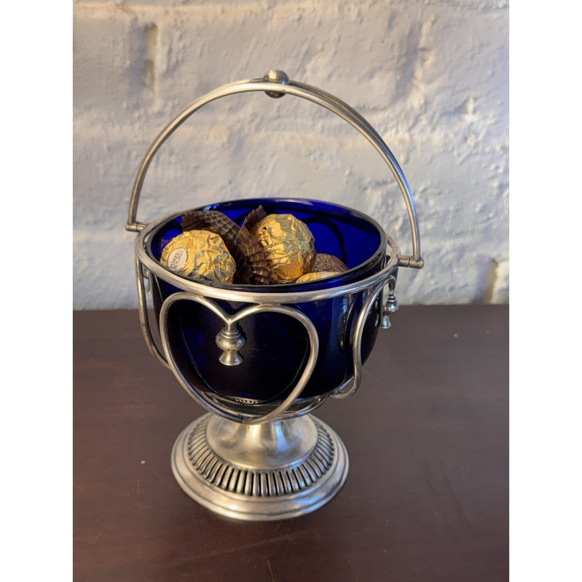 Vintage Bonbon Basket Cobalt Blue Glass Silverplate Heart Shapes Pedestal 7.5”