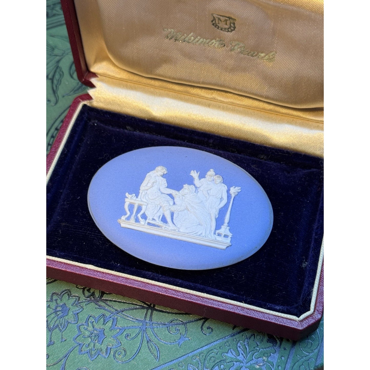 Wedgwood Jasperware Plaque Brooch Blue White Classical Scene 2” 1951