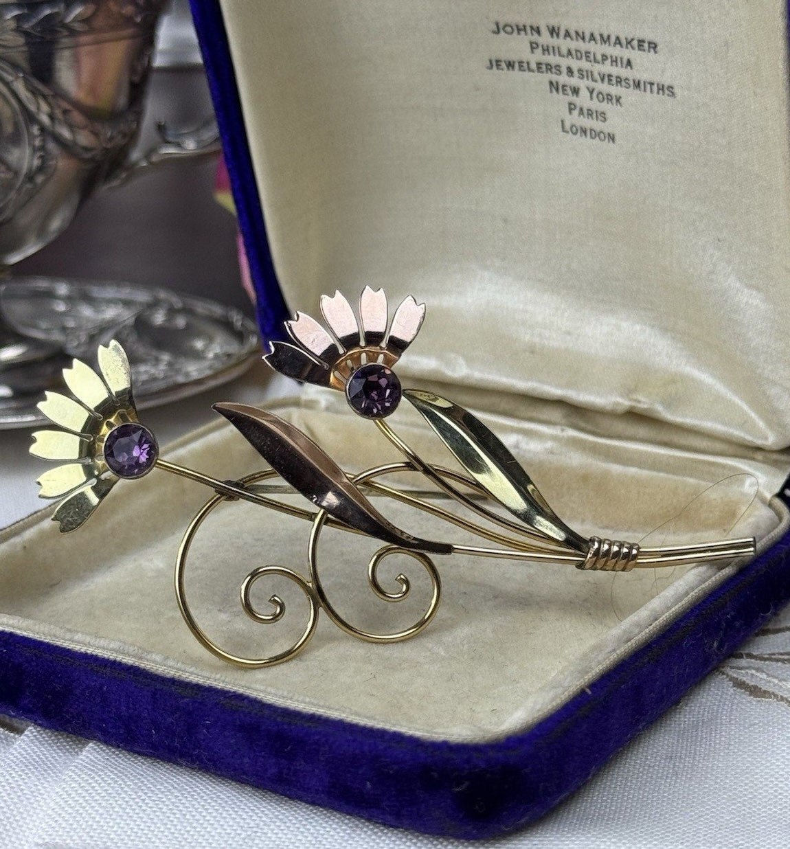 Van Dell Sterling Gold-Filled Floral Brooch Purple Rhinestones 3” Vintage
