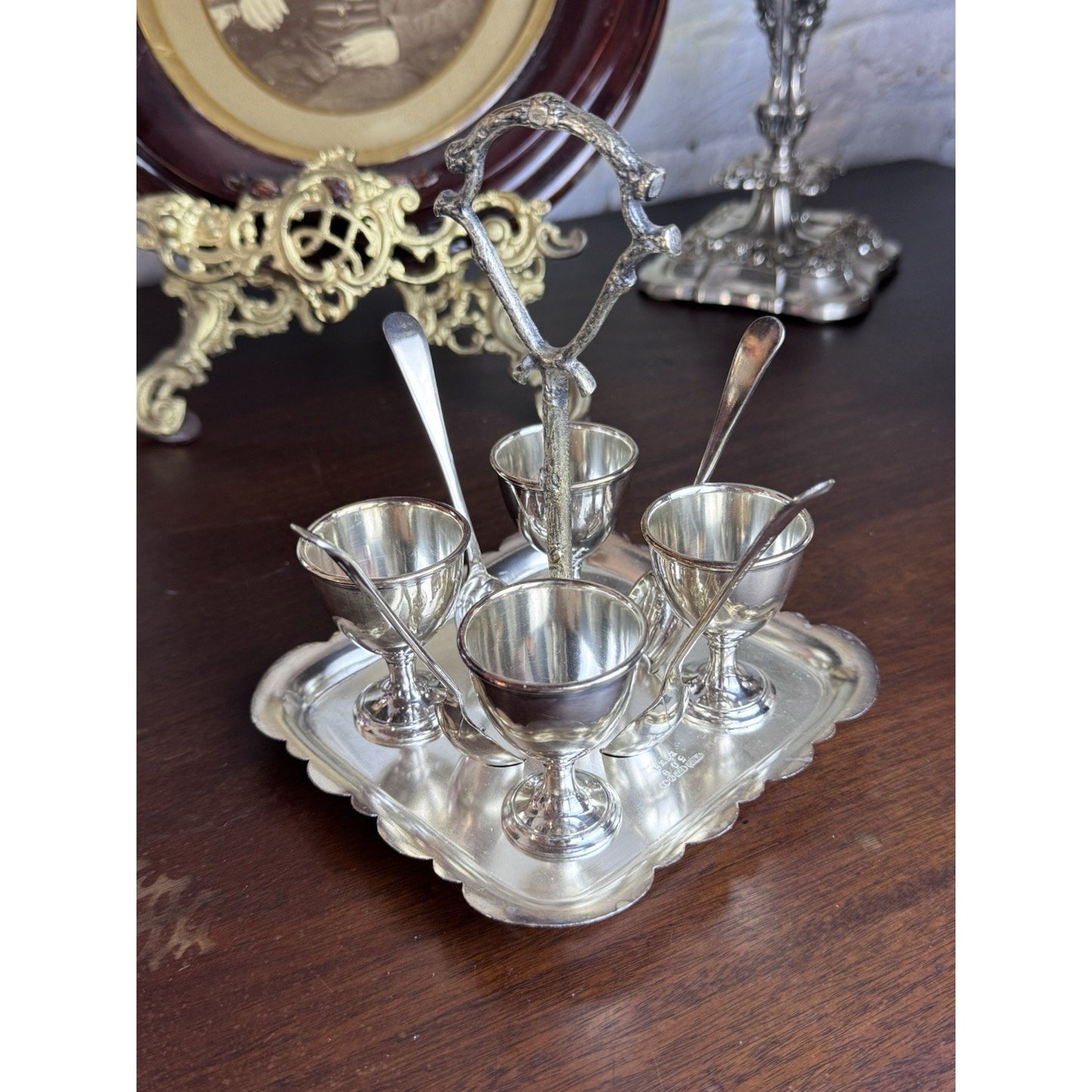 Silverplate Egg Cruet Set 4 Cups Spoons Caddy F Brothers Ltd English Antique