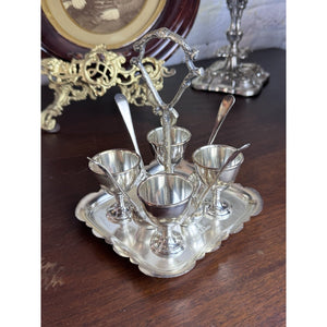 Silverplate Egg Cruet Set 4 Cups Spoons Caddy F Brothers Ltd English Antique
