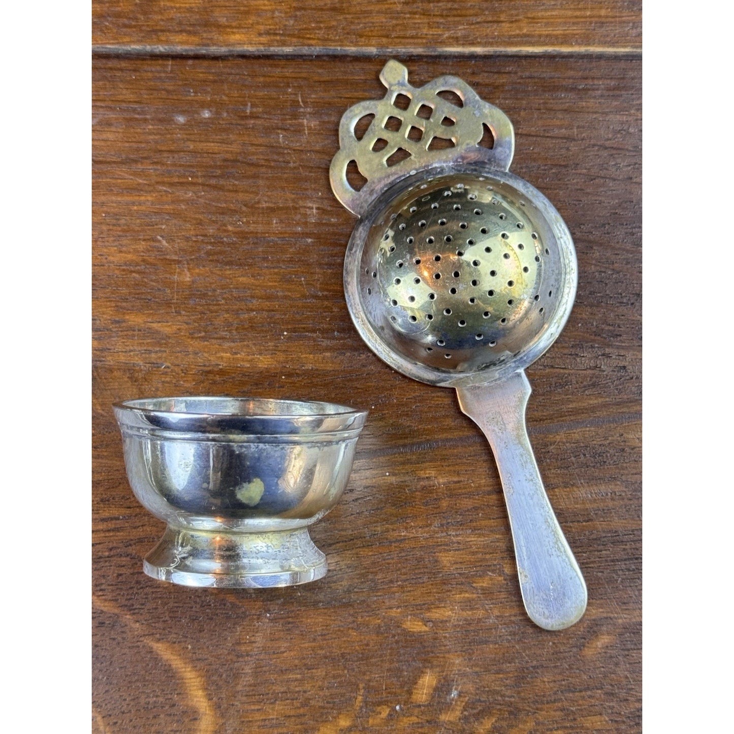 Vintage Silverplate Tea Strainer With Stand 9” Pierced Crown Handle Shabby Chic