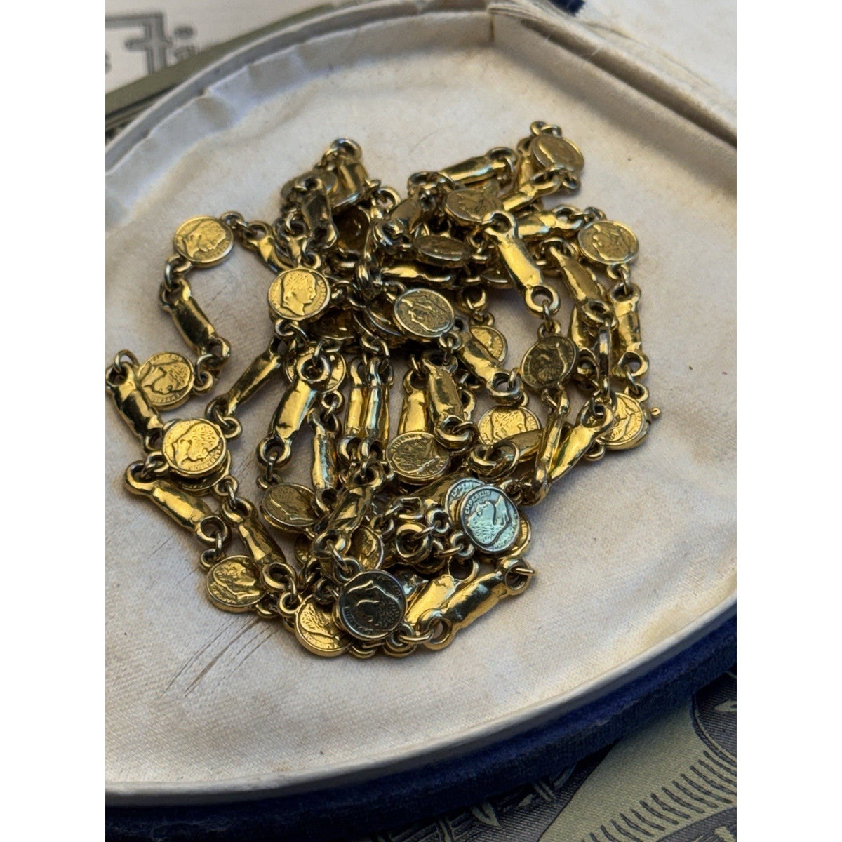 Goldtone Necklace Napoleon Coin Bar Link Chain Vintage Long Layering Sautoir 62”