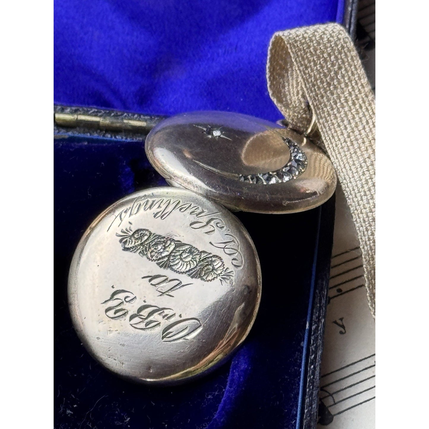 Antique Crescent Moon Locket Gold-Filled Paste Stones W&H Co 1.25” Engraved