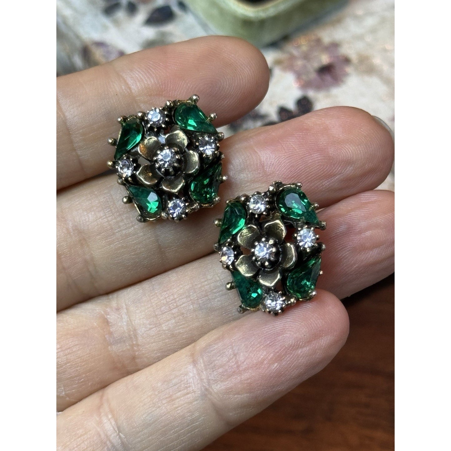 Vintage Rhinestone Clip Earrings Green Flower Floral Statement .75”