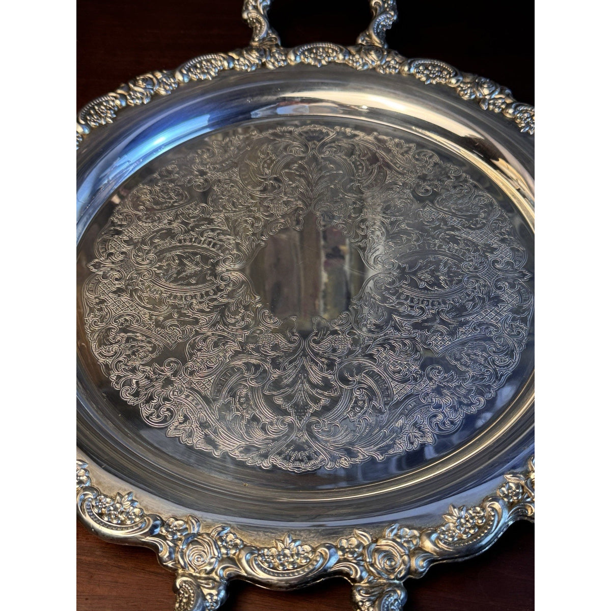 Silverplate Round Serving Tray Rose Border Handled Elegant Tableware