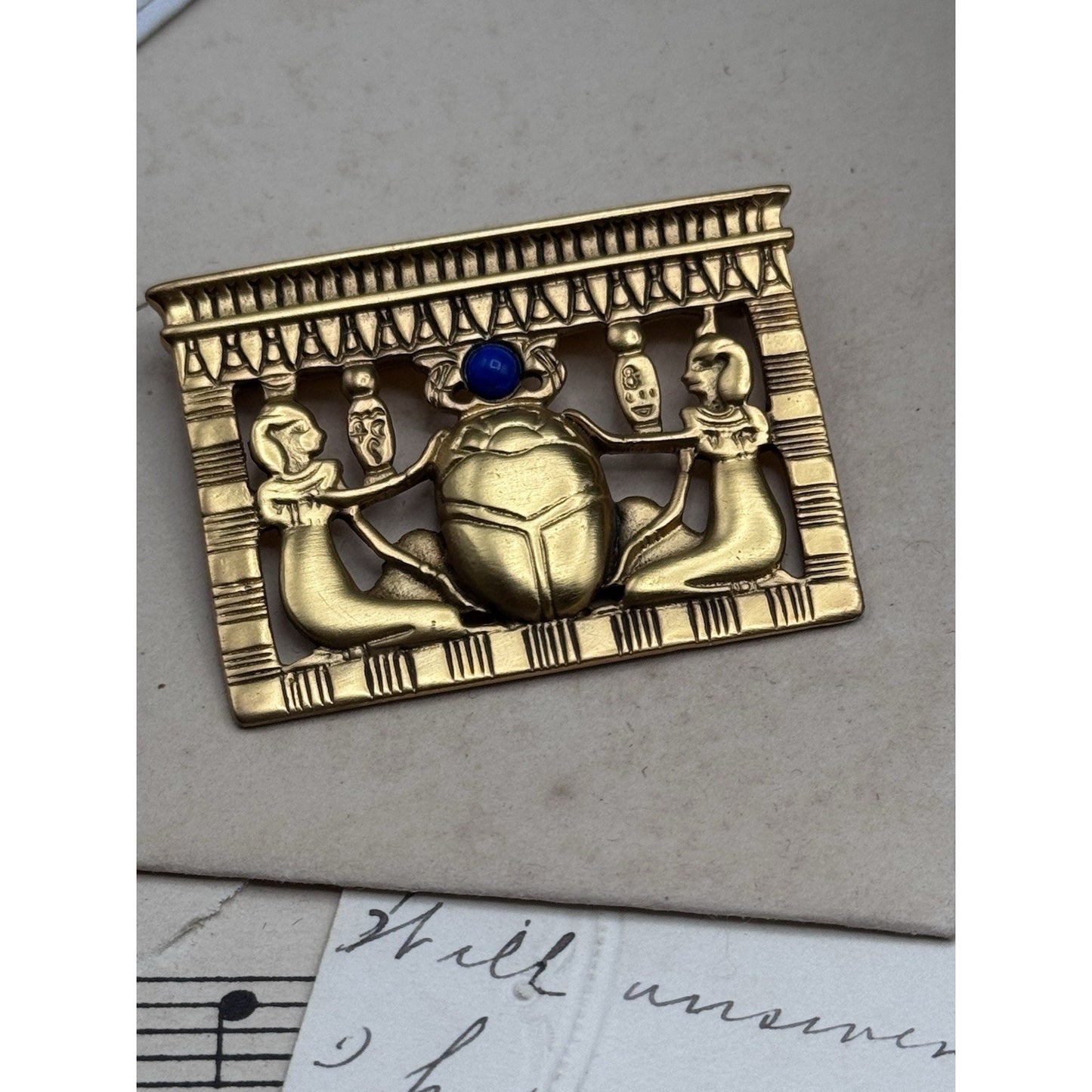 Egyptian Revival Goldtone Scarab Brooch Blue Cabochon 1.75” ESTATE FIND