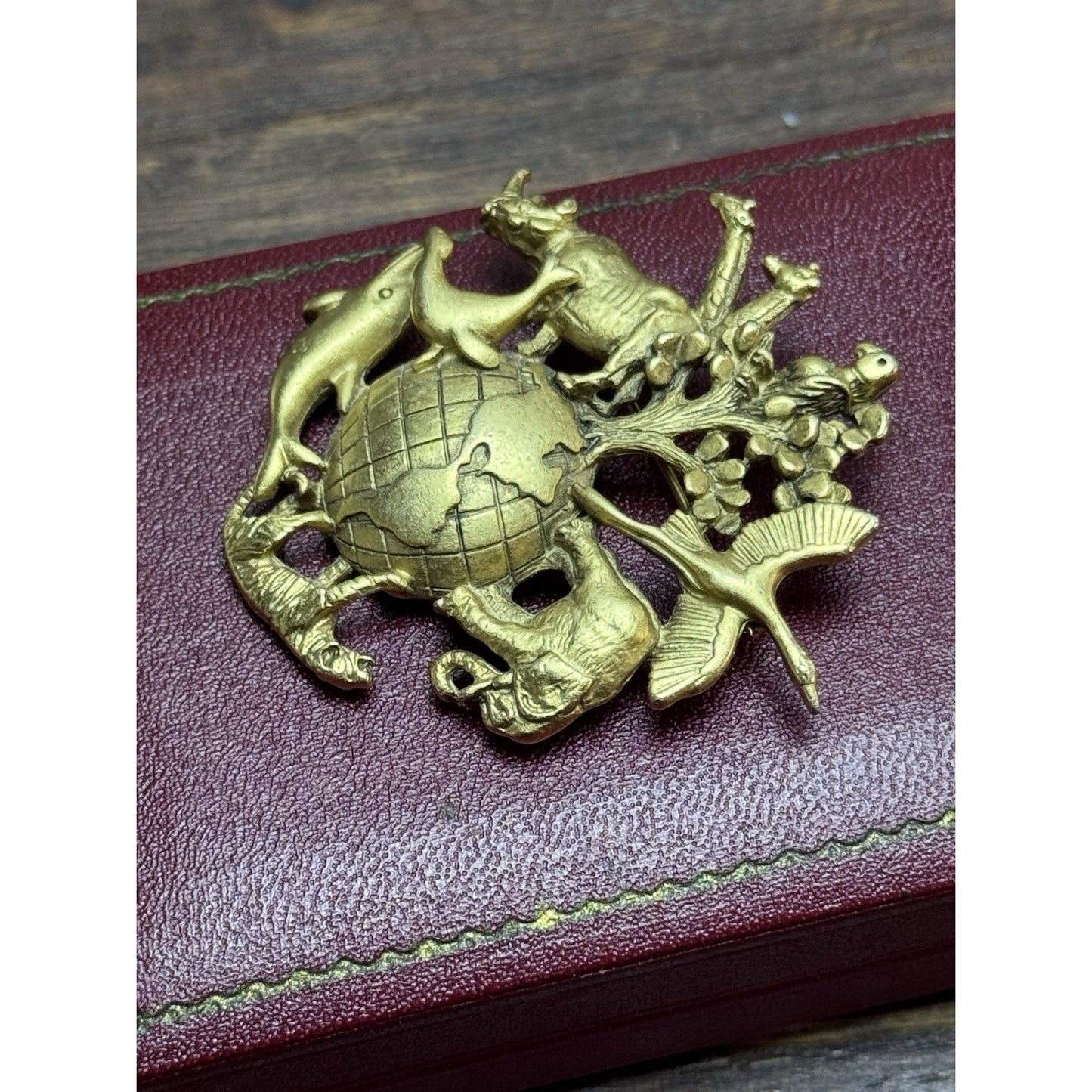 Vintage Brooch AJC Animal Kingdom Globe Goldtone World Wildlife