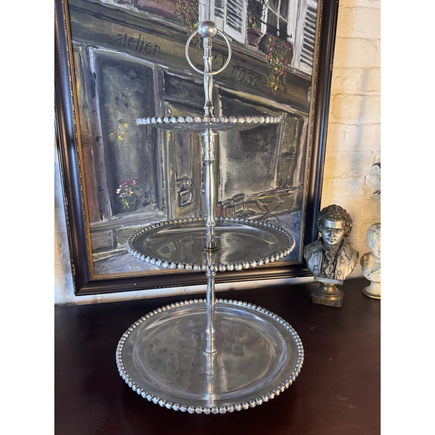 Three Tier Serving Stand Silvertone Beaded Edge Centerpiece Display 26”
