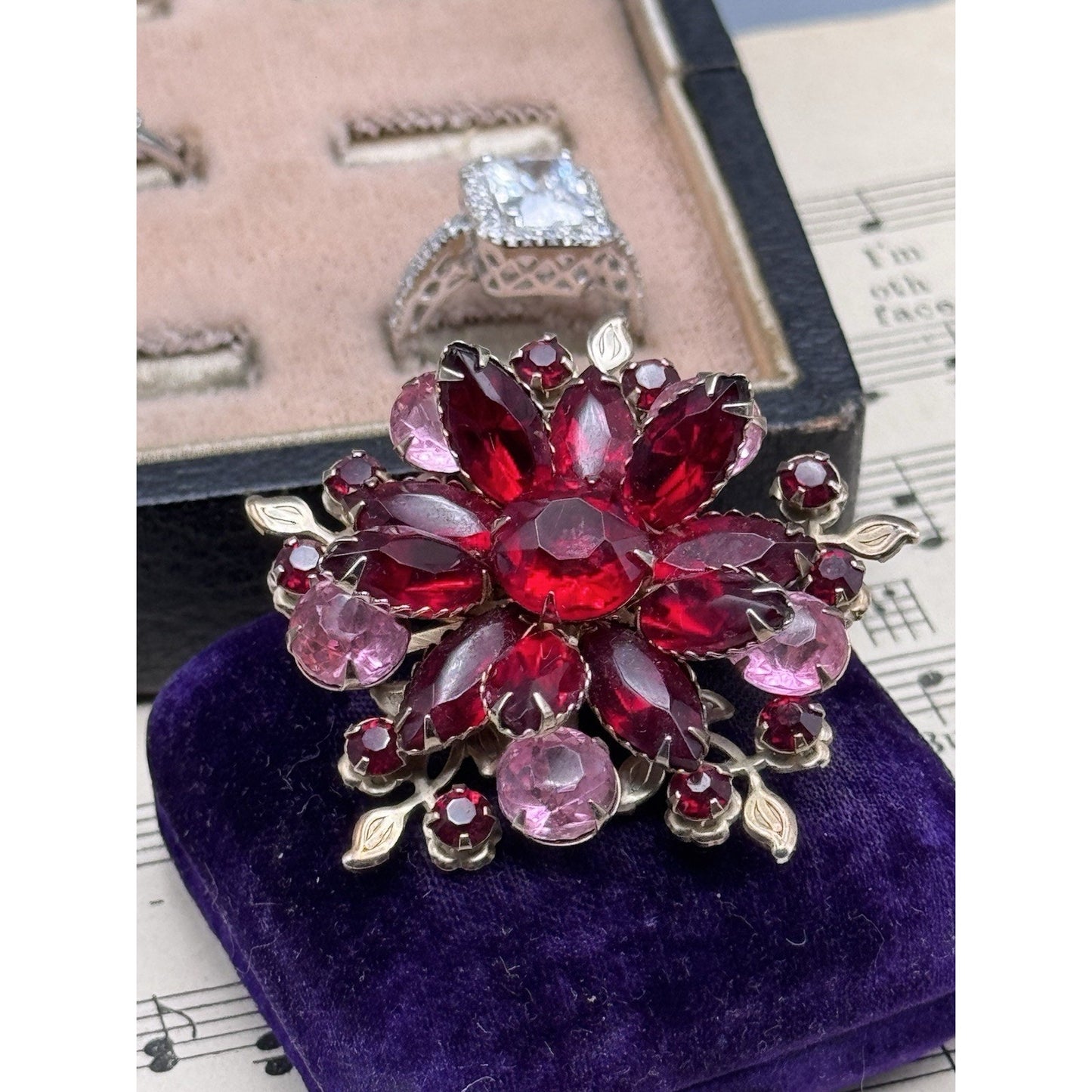 Vintage Red Pink Rhinestone Floral Brooch Silvertone Layered Flower Pin 2”