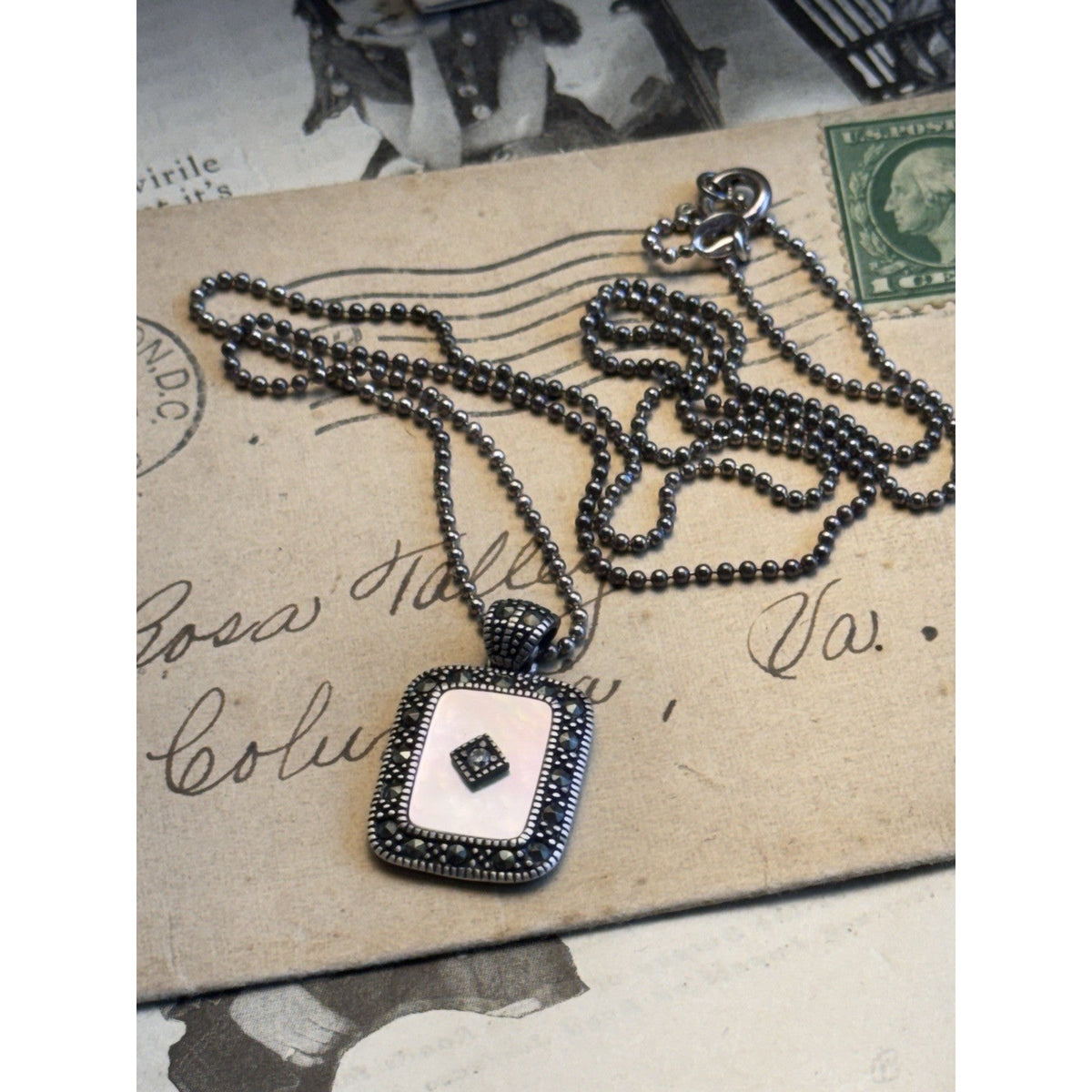 925 Sterling Silver Mother Of Pearl Marcasite Pendant Necklace 23” Ball Chain 1”