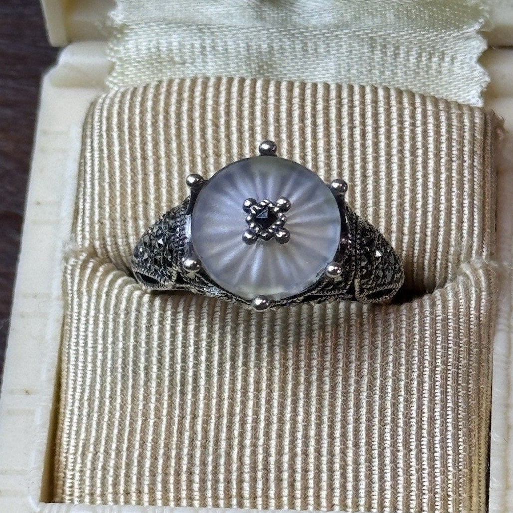 Sterling Silver Camphor Glass Marcasite Ring Size 6.75 Art Deco Style