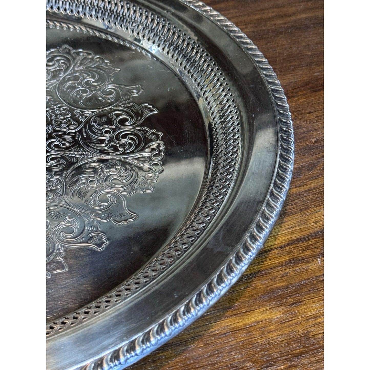 Silverplate Round Tray Reticulated 16.5” WM Rogers Engraved Serving Platter