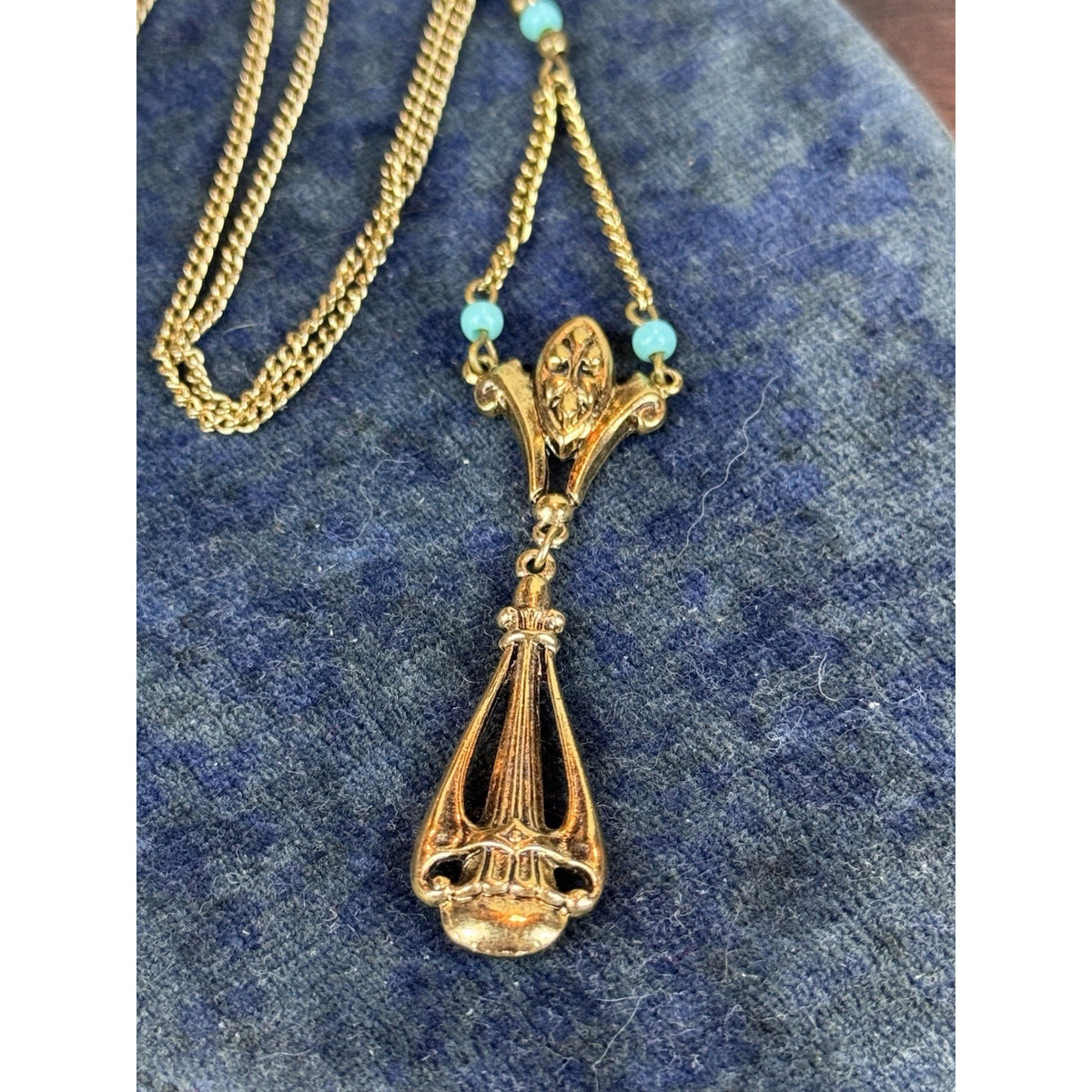 Vintage ART Lavalier Necklace Goldtone Turquoise Blue Beads 16” Signed Pendant