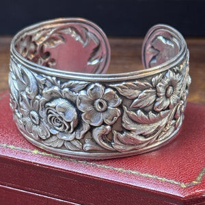 Vintage S Kirk & Son Sterling Repoussé Floral Cuff Bracelet 19F Fits 6.75”