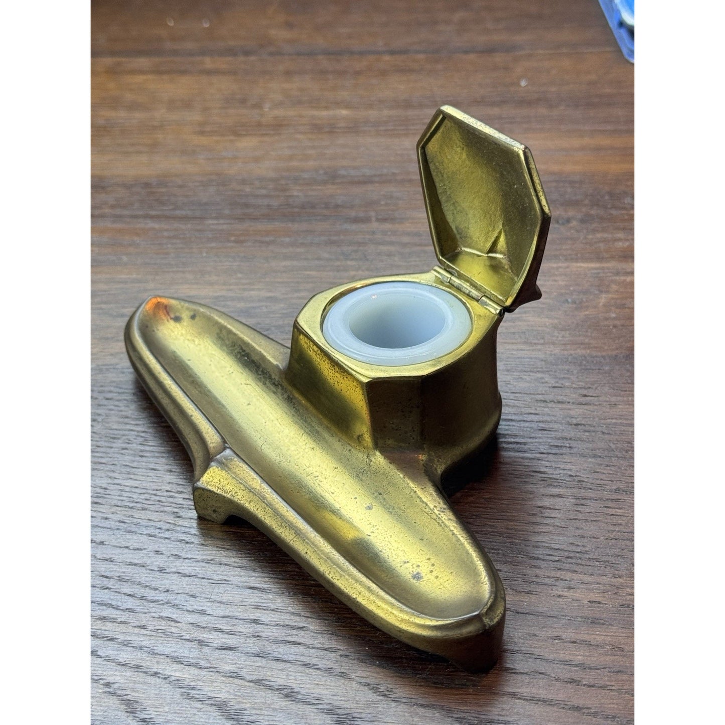 Antique Art Deco Brass Tone Ink Stand Inkwell Pen Tray 6.5” Desk Accessory