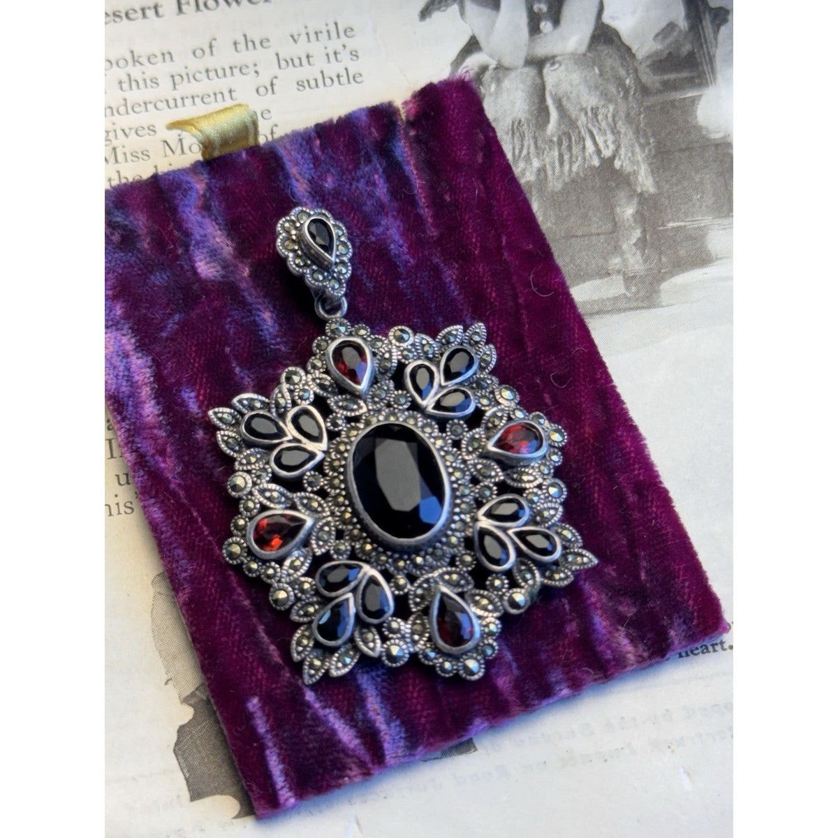 Sterling Silver Pendant Garnet Black Stones Marcasite Victorian Revival 2.25”