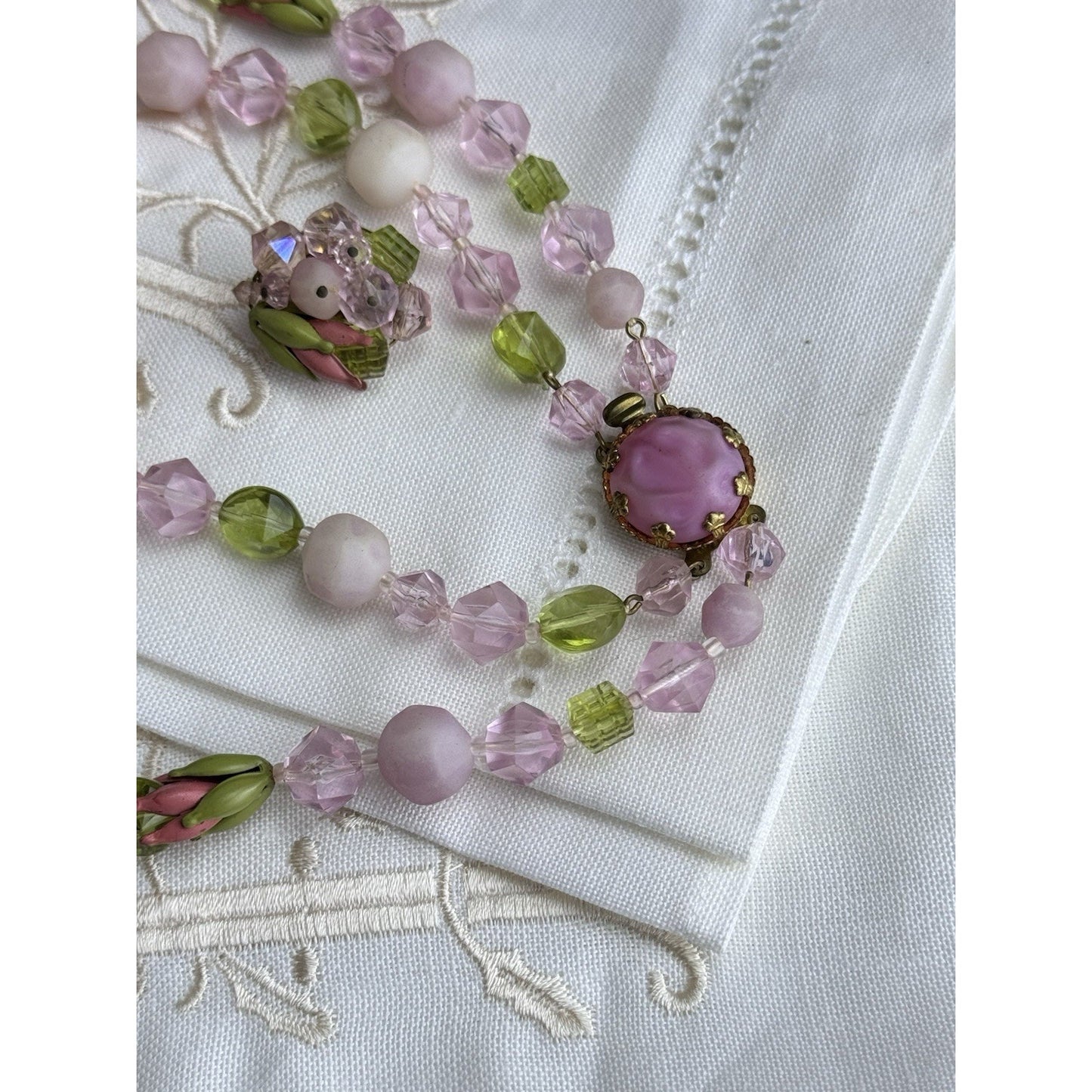 Vintage Pink Green Glass Bead Necklace Clip Earrings Set