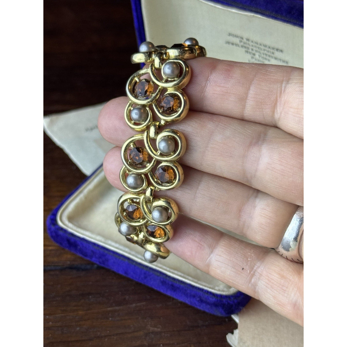 Trifari Bracelet Faux Pearl Brown Rhinestone Goldtone Signed 6.5” Vintage