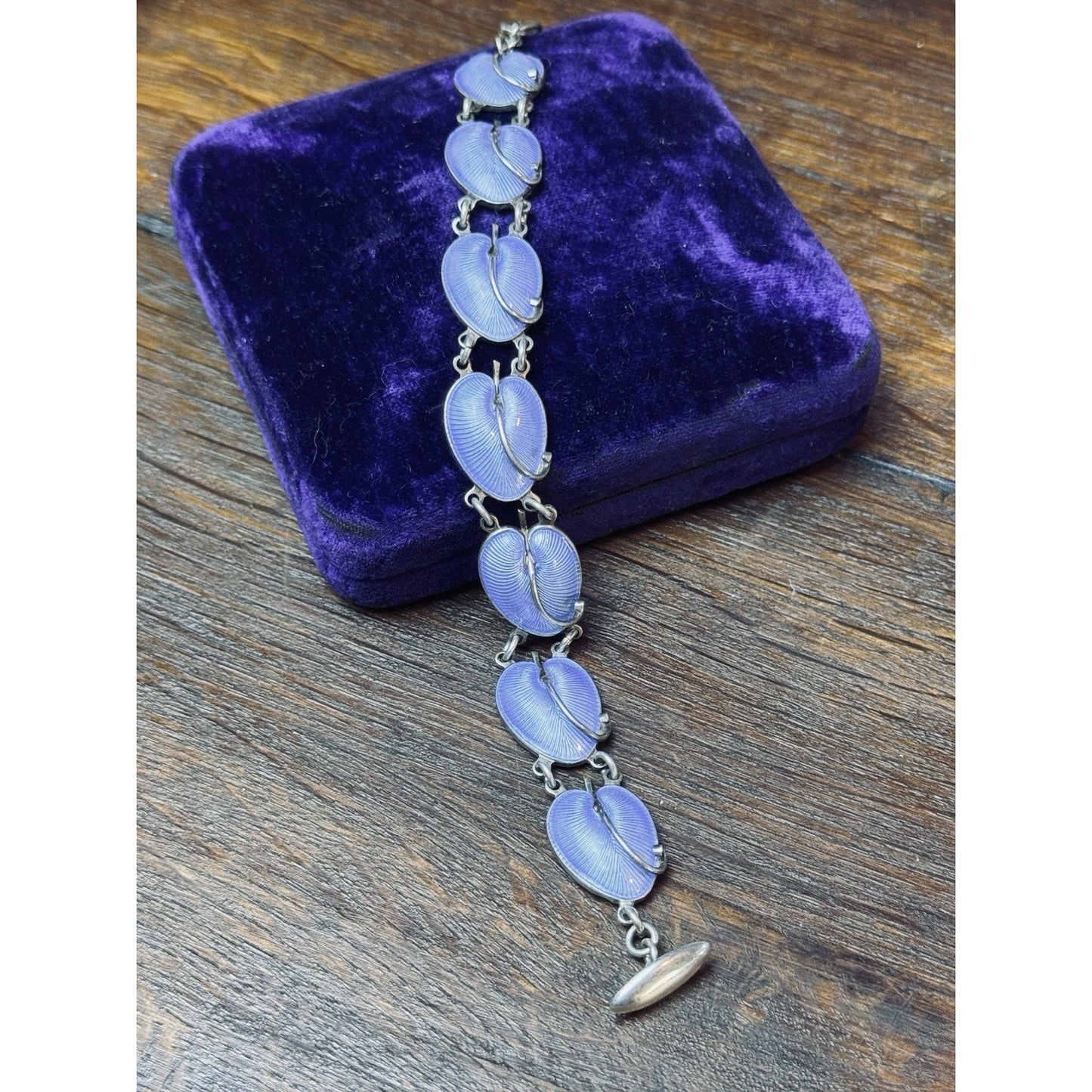 Volmer Bahner Sterling Silver Lavender Blue Guilloché Lily Pad Bracelet 7”