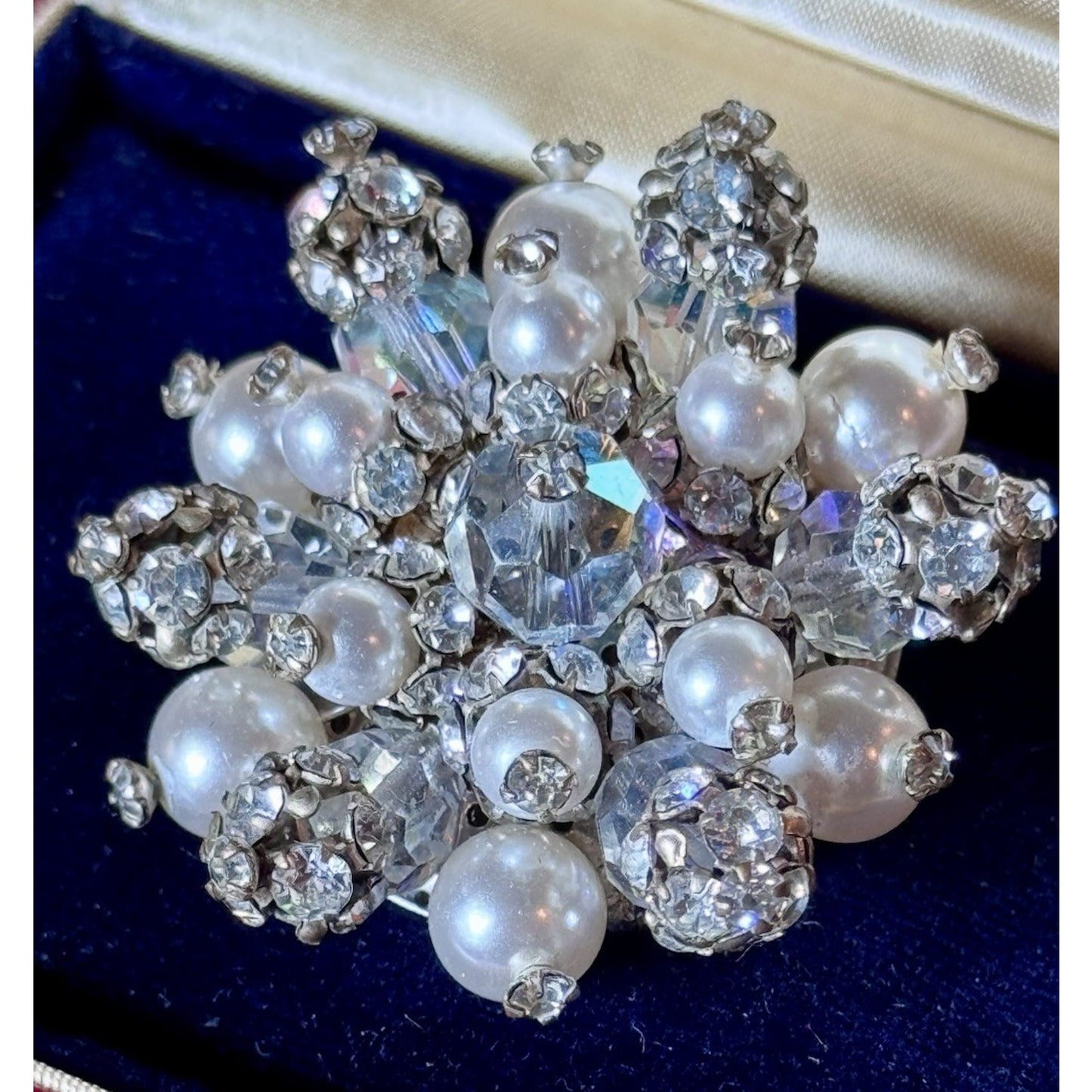 Vintage Brooch Faux Pearl Rhinestone Cluster Silvertone Crystal Bead Pin