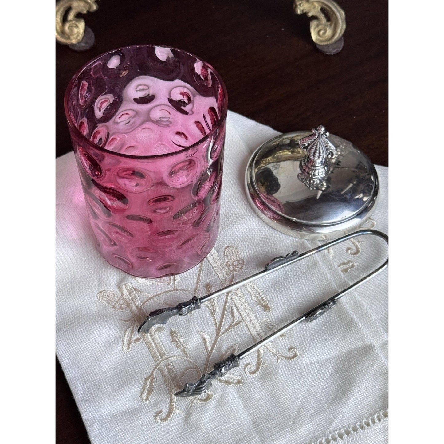 Antique Pickle Castor Cranberry Thumbprint Glass Silverplate Lid Tongs Jar Chips on Rim!!!